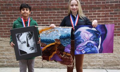 Seventh grader Saami Baig (left) and eighth grader Reva Guinn, both students at The John Cooper School, were awarded Platinum Medals of Distinction by the Jr. Visual Arts Scholastic Event held in Bryan. Baig won the top honor for “Crumpled Up” and Guinn for “New Mexico Road Trip” and “Louie.”