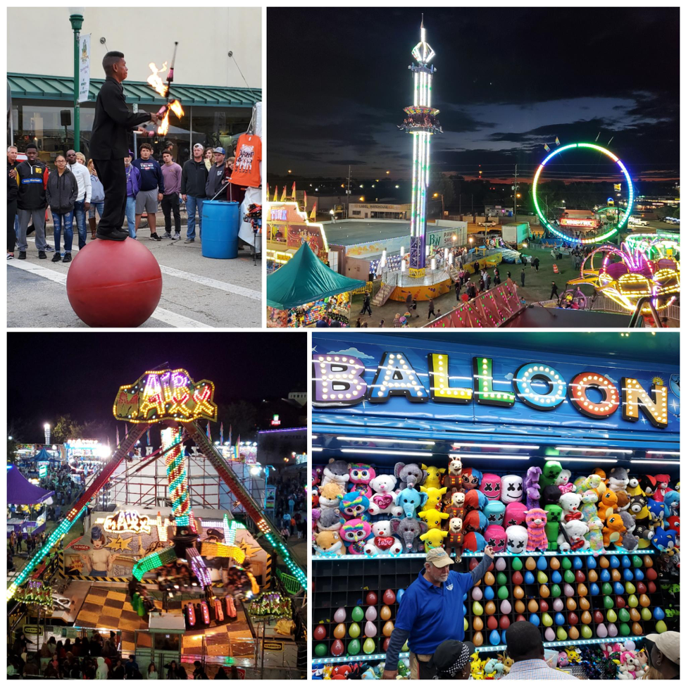 Street performer, views of the carnival from the top of the ferris wheel and carnival games, photos by Nick Rama