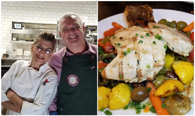 Chef Teresa Palermo and Dr. Frank Morello,Chicken Provencal - Radunare Italian American Table favorite: Grilled chicken breast, lemon rosemary, white wine, garlic, butter, artichokes, olives, capers, roasted cherry tomato, roasted garden vegetables. Photos by Nick Rama