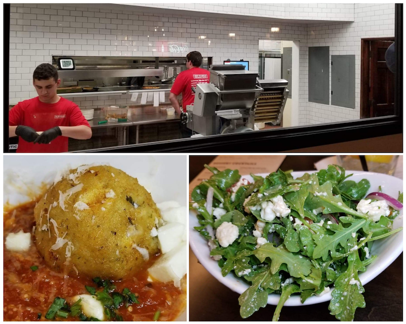 Cooks preparing fresh pizza dough and pasta behind open kitchen / Arancini - Crispy risotto fritters, provolone, fresh mozzarella, house marinara. / Watermelon Arugula Salad -Red onion, feta cheese, sherry vinaigrette photos by Nick Rama