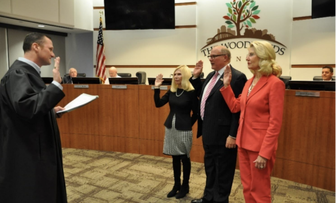 Photo by The Woodlands Township; Justice of the Peace Precinct 3 Judge Matt Beasley swears in newly elected Directors (left to right): Township Secretary, Dr. Ann K. Snyder; Township Director, Bob Milner and Township Director Dr. Shelley Sekula-Gibbs.