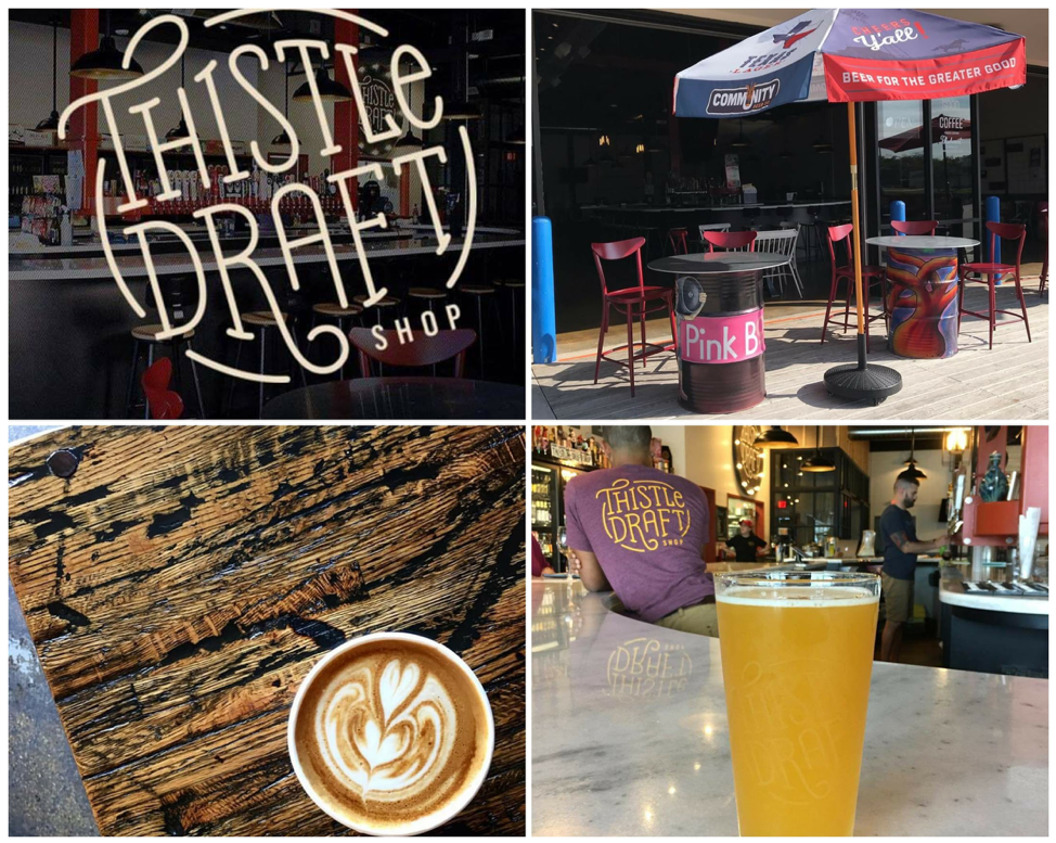 Thistle Draft Shop logo and bar / Front patio / latte / ice cold beer, photos by Thistle Draftshop