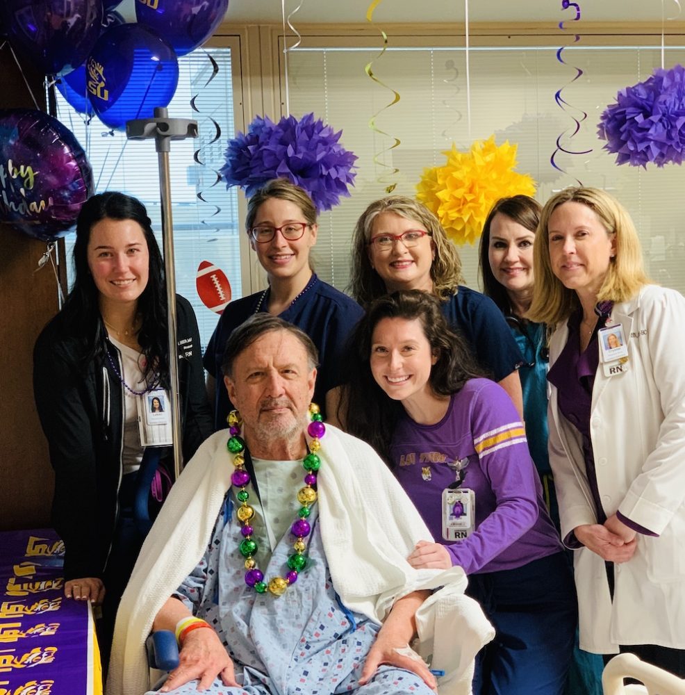 Memorial Hermann The Woodlands surprises LSU Fan before brain surgery to celebrate his birthday and the National Championship tonight.