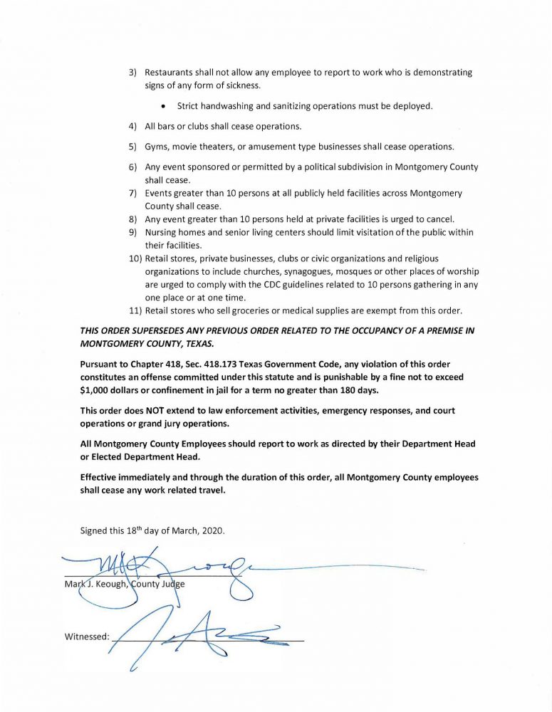 Montgomery County issues order affecting food and drink establishments and movie theaters and other social gatherings in Montgomery County in response to the current and anticipated needs to respond to the COVID-19 crisis.