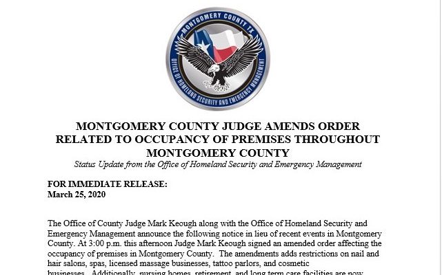 MONTGOMERY COUNTY JUDGE AMENDS ORDER RELATED TO OCCUPANCY OF PREMISES THROUGHOUT MONTGOMERY COUNTY