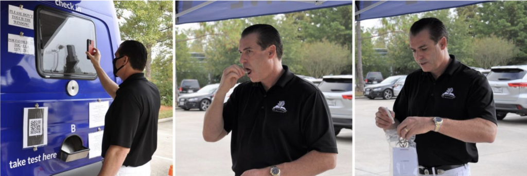 Township Chairman of the Board Gordy Bunch demonstrates the Free COVID-19 testing at The Woodlands Township Town Hall, located at 2801 Technology Forest Blvd. from 9 a.m. to 5:30 p.m., seven days a week. This is an oral fluid-swab testing method administered by Curative, Inc.