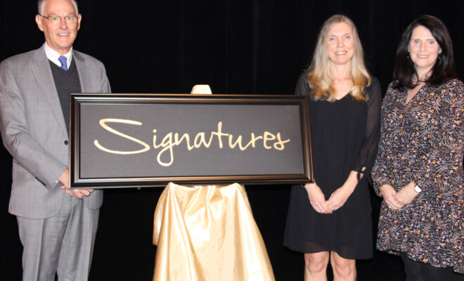 Head of School Mike Maher and Signatures 2020 Co-chairs Malin Melin and Lisa Hollingsworth recorded their introductory messages in the Glenn Performing Arts Center.