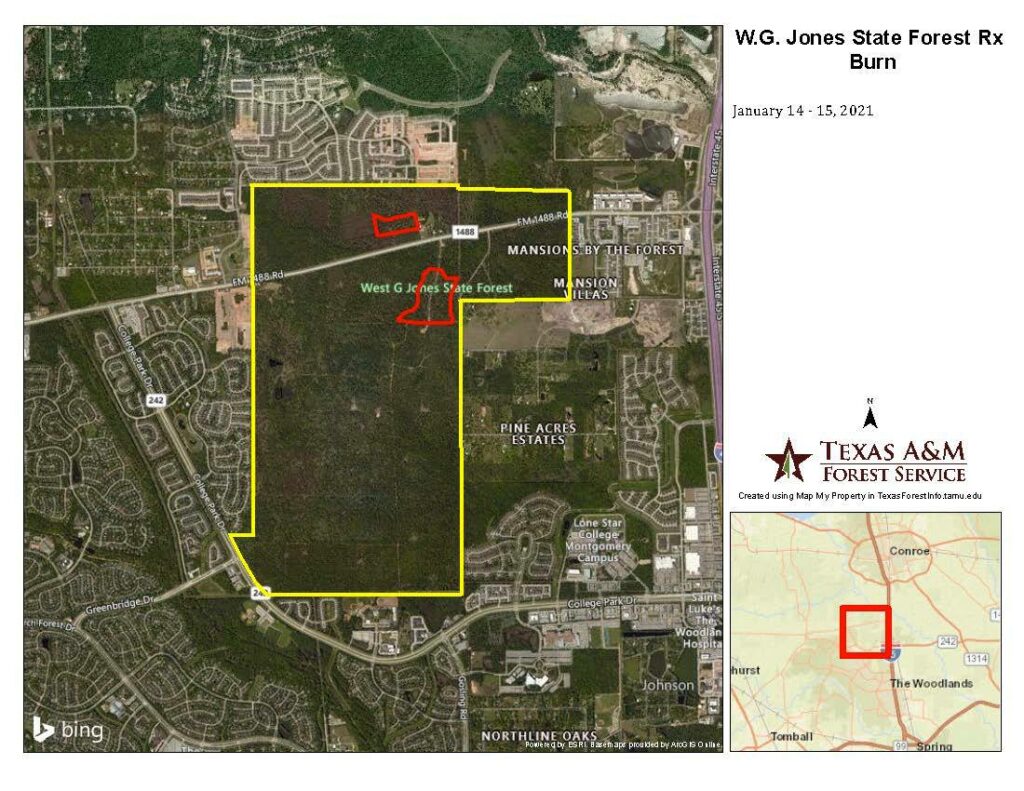 prescribed burning operations on the W.G. Jones State Forest on January 14 – 15, 2021.