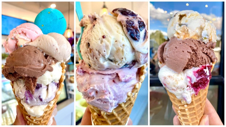 Left: blueberry crumble, chocolate, coffee, strawberry with a Nutella Macaron Ice cream. Middle: hibiscus raspberry, earl gray with blackberry jam topped with cherry stracciatella. Right: raspberry cheesecake, chocolate, dulce de leche with pistachios. Photo by Luliet Creamery and Bake Shop