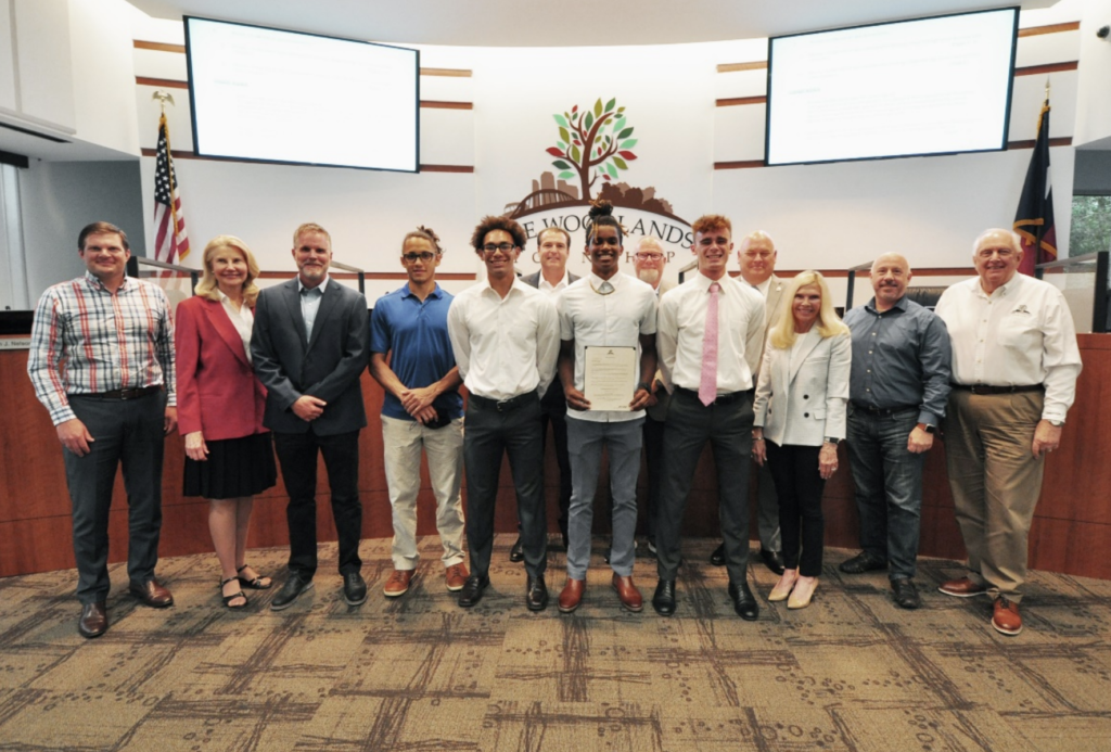 Members of The Woodlands College Park High School Boys’ track and field team were recognized by The Woodlands Township Board of Directors and honored with a proclamation for the two gold medal finishes at the UIL State Track and Field Championships.