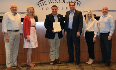 The Woodlands Township Board of Directors proclaimed July 2021 as Parks and Recreation Month in The Woodlands. Pictured left to right are Vice Chairman Bruce Reiser, Secretary Dr. Shelley Sekula-Gibbs, Parks and Recreation Director Dr. Chris Nunes, Chairman Gordy Bunch, Director Dr. Ann K. Snyder and Treasurer John Anthony Brown.