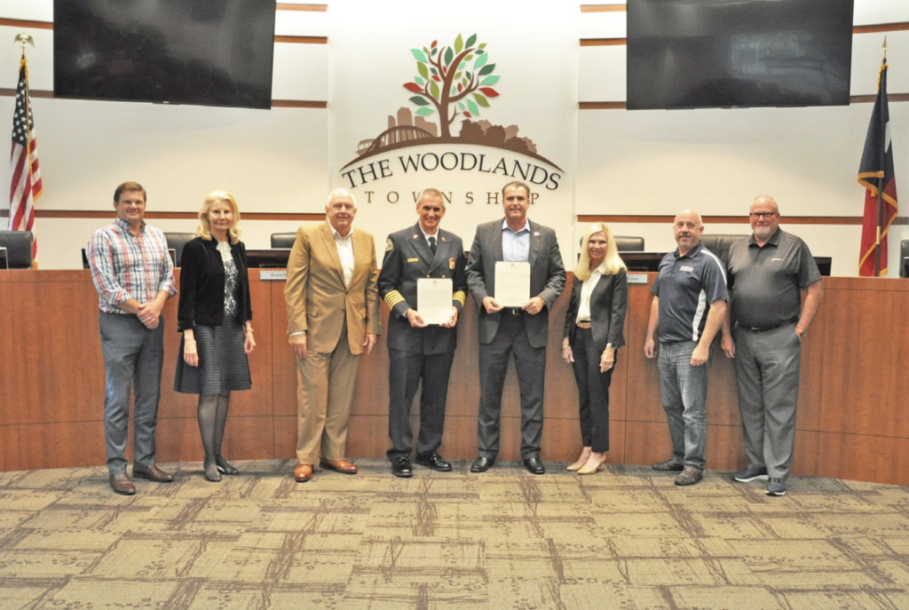 The Woodlands Township Board of Directors held its regular meeting on Thursday, August 19, 2021, at The Woodlands Township Town Hall, 2801 Technology Forest Boulevard in The Woodlands, Texas. The Board issued proclamations in honor of September 11: Patriot Day, National Day of Service and Remembrance and First Responders Day. Pictured above is The Woodlands Fire Chief Palmer Buck and the Township Board of Directors, from left, Jason J. Nelson, Dr. Shelley Sekula-Gibbs, Bruce Rieser, Chief Buck, Gordy Bunch, Dr. Ann Snyder, John Anthony Brown, and Bob Milner.