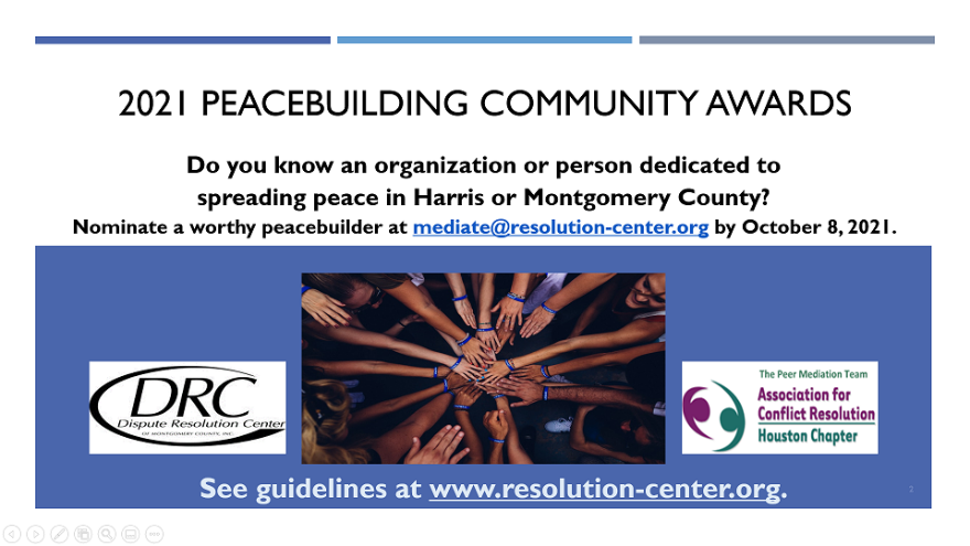 2021 Peacebuilding Community Awards Graphic Dispute Resolution Center of Montgomery County, Inc