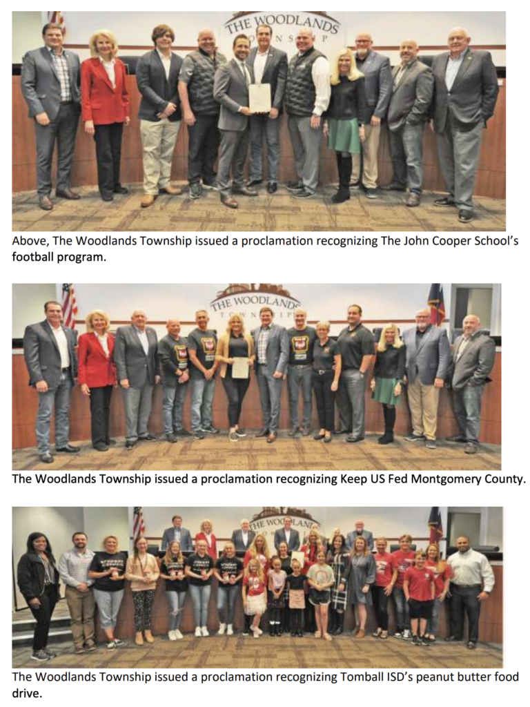 The Board issued three proclamations, including recognition of The John Cooper School championship football program, the Tomball ISD Creekside schools for their peanut butter food drive and Keep US Fed Montgomery County.
