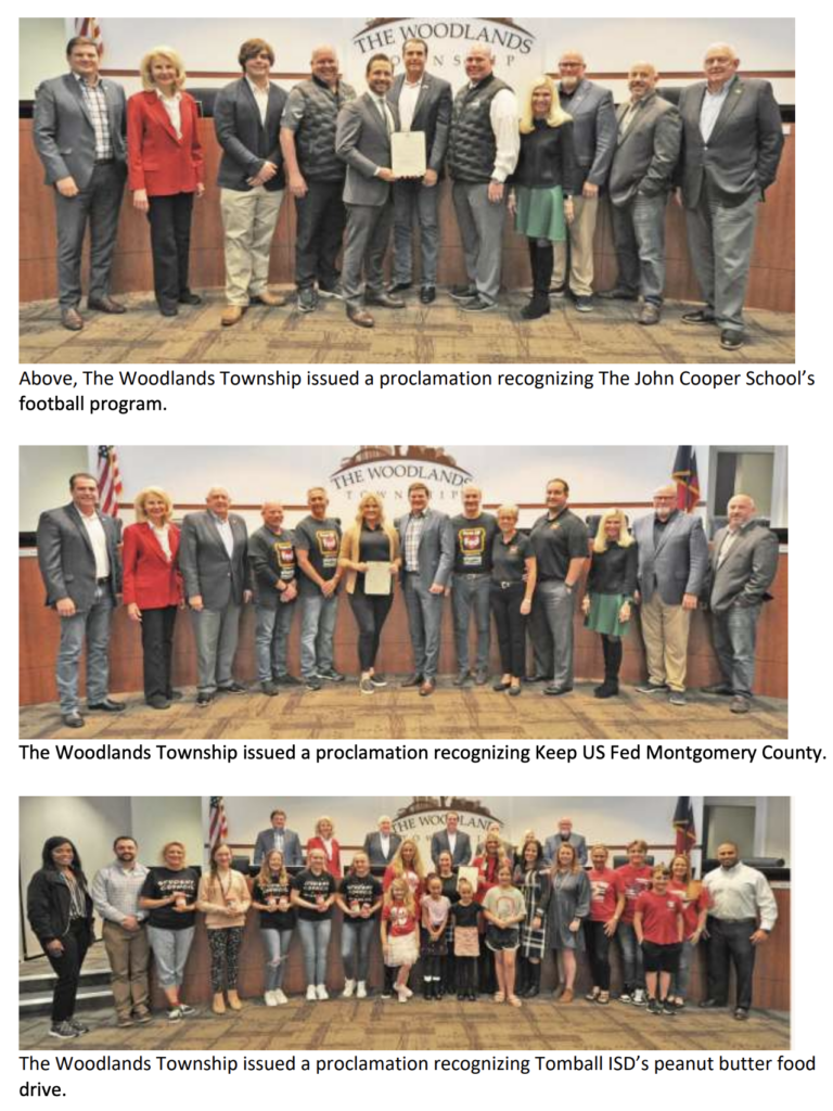 The Board issued three proclamations, including recognition of The John Cooper School championship football program, the Tomball ISD Creekside schools for their peanut butter food drive and Keep US Fed Montgomery County. 