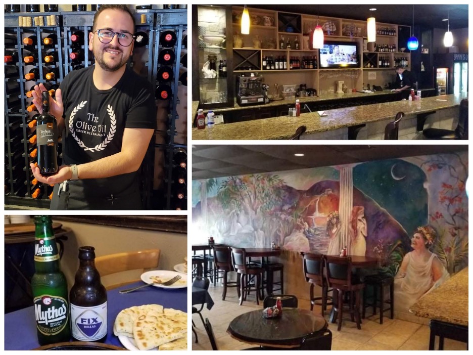 Bruno Matiola showing off Greek wine / Bar area / Mythos & Fix Greek beers. Photos by Nick Rama