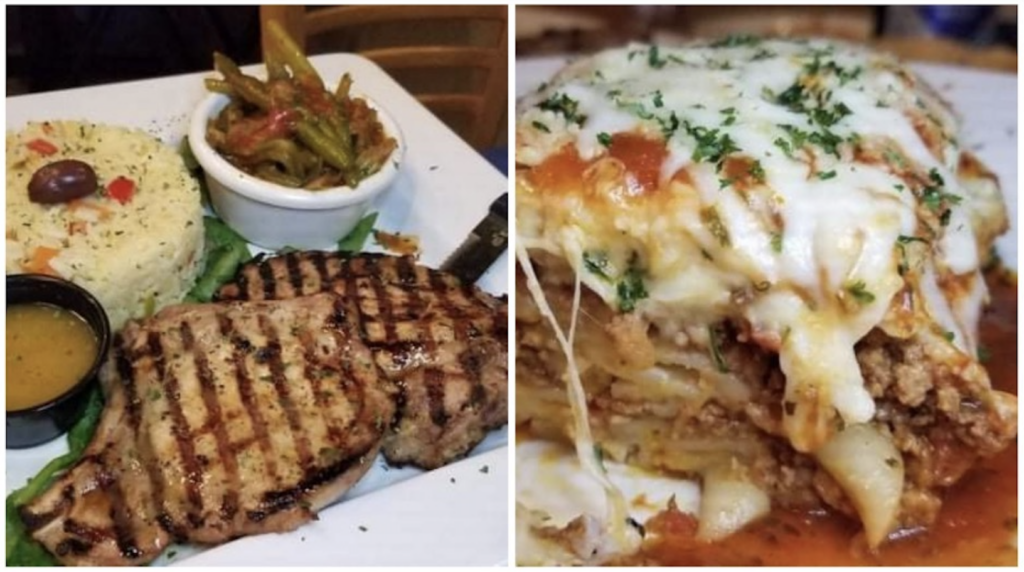 Grilled Pork Chops with green beans and rice : Pastitsio - Baked Layers of Greek pasta, Kasseri and mozzarella cheese, ground meats cooked with sweet tomatoes and spices, then topped with béchamel sauce.) Photo by Nick Rama