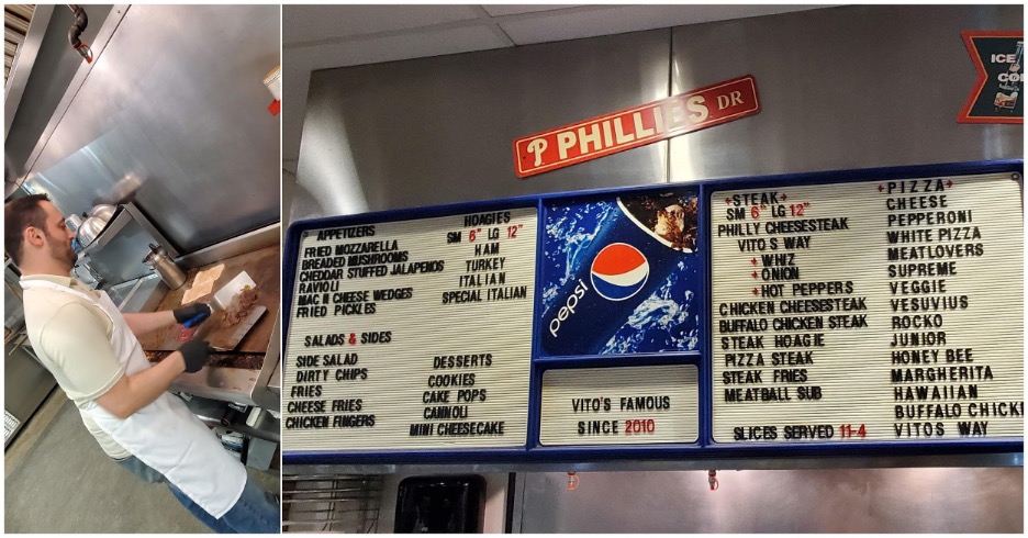 Vito Jr. grilling cheesesteaks / old school menu board. Photo by Nick Rama.