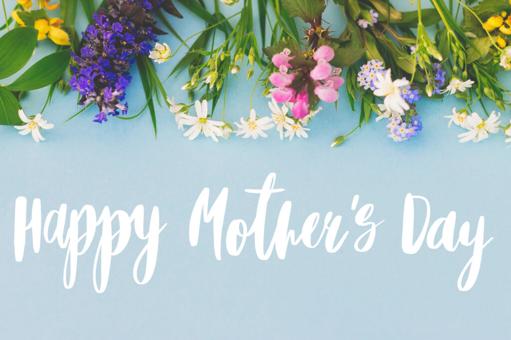 Happy Mother’s day greeting card. Colorful spring flowers border