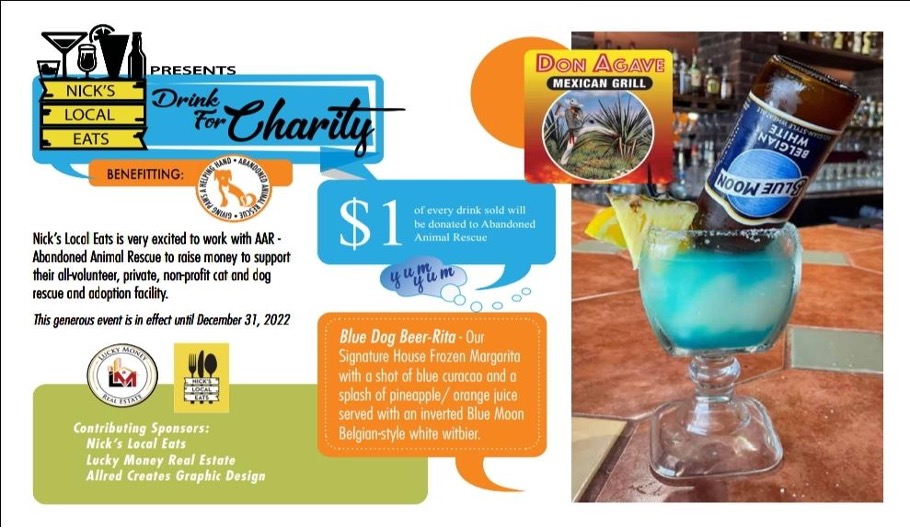 Don Agave Mexican Grill - Nick’s Local Eats - Drink For Charity poster. Graphics by Jean Allred - Allred Creates Graphic Design / Logo by Graphic Design FX / Picture by Elvin Martinez.