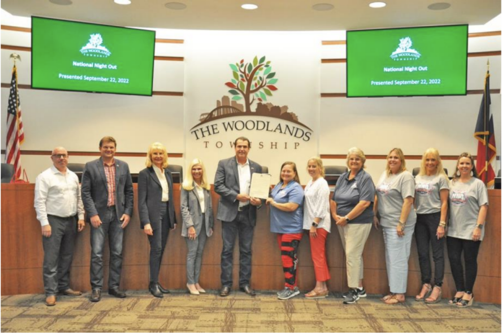 The Woodlands Township Board of Directors recognized the Township’s National Night Out program at their meeting on September 22, 2022. From left, Treasurer John Anthony Brown, Director Jason J. Nelson, Secretary Dr. Shelley Sekula-Gibbs, Director Dr. Ann K. Snyder, Chairman Gordy Bunch, Administrative Assistant Cindy Strawn, Director of Community/Customer Services Angel Nicks, Program Coordinator Susan Martin, Program Specialist Amy Tidwell, Program Specialist Erin Redmon and Neighborhood Services Manager Kristin Pternitis.The Woodlands Township Board of Directors recognized the Township’s National Night Out program at their meeting on September 22, 2022. From left, Treasurer John Anthony Brown, Director Jason J. Nelson, Secretary Dr. Shelley Sekula-Gibbs, Director Dr. Ann K. Snyder, Chairman Gordy Bunch, Administrative Assistant Cindy Strawn, Director of Community/Customer Services Angel Nicks, Program Coordinator Susan Martin, Program Specialist Amy Tidwell, Program Specialist Erin Redmon and Neighborhood Services Manager Kristin Pternitis.