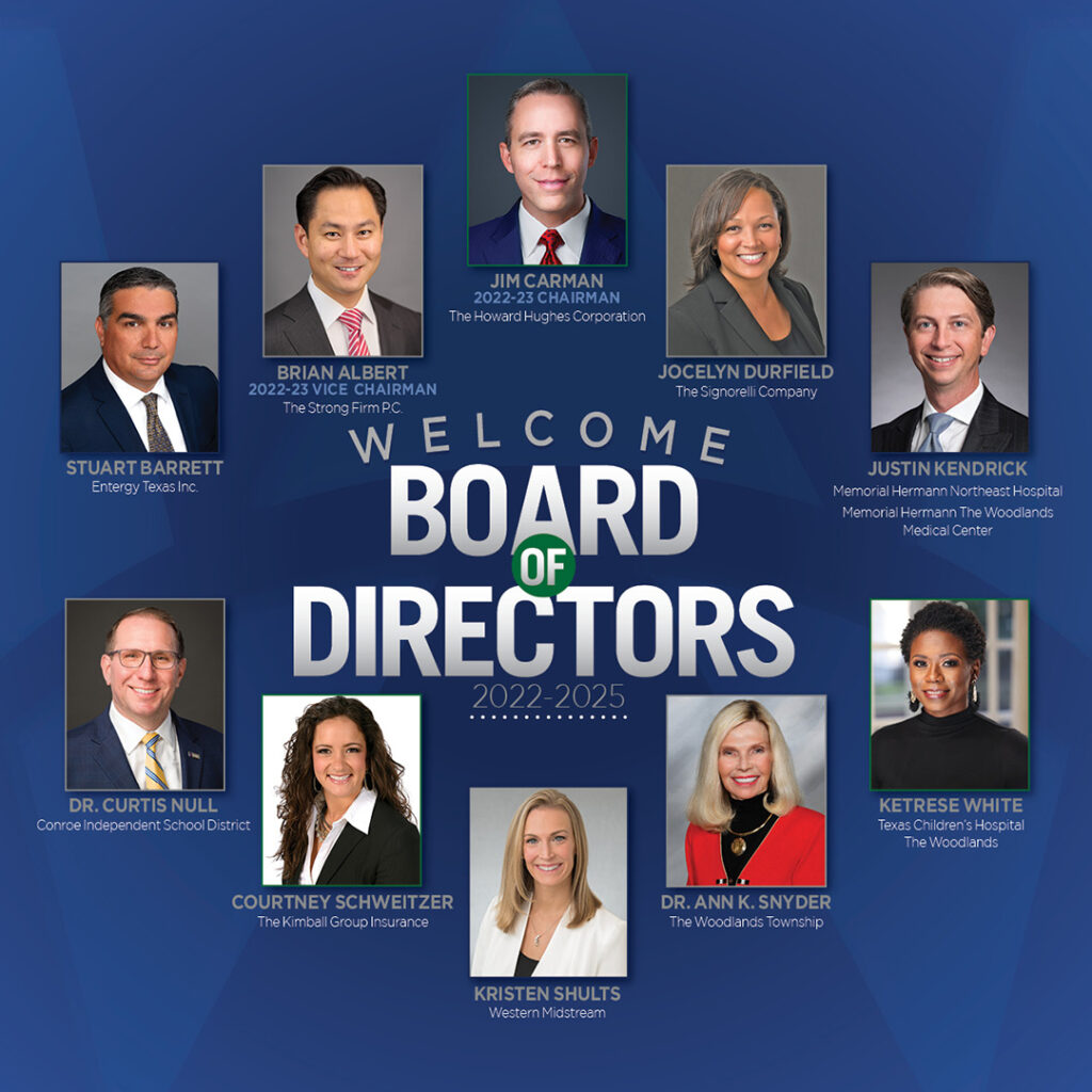 The Woodlands Area Chamber of Commerce 2022 Board of Directors Jim Carman Justin Kendrick Ann Snyder Curtis Null