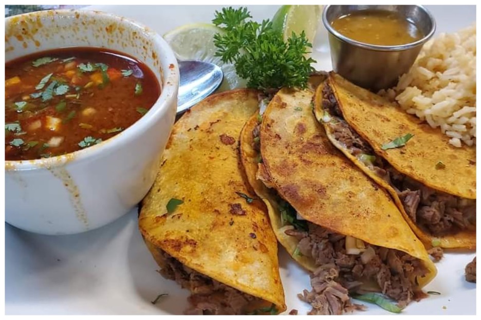 Rita's Cantina Mexican Kitchen - Birria Tacos, consommé, salsa and rice.  Photos by Nick Rama - Hello Woodlands