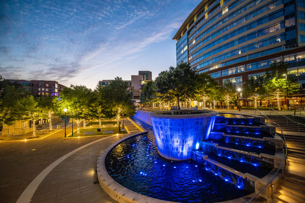 Waterway Square The Woodlands Lit Blue for Global Meetings Industry Day Photo by Visit The Woodlands