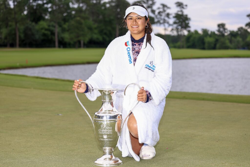 THE WOODLANDS, TEXAS - APRIL 23: Lilia Vu of the United States celebrates with the trophy after winning in a one-hole playoff during the final round of The Chevron Championship at The Club at Carlton Woods on April 23, 2023 in The Woodlands, Texas. (Photo by Carmen Mandato/Getty Images)