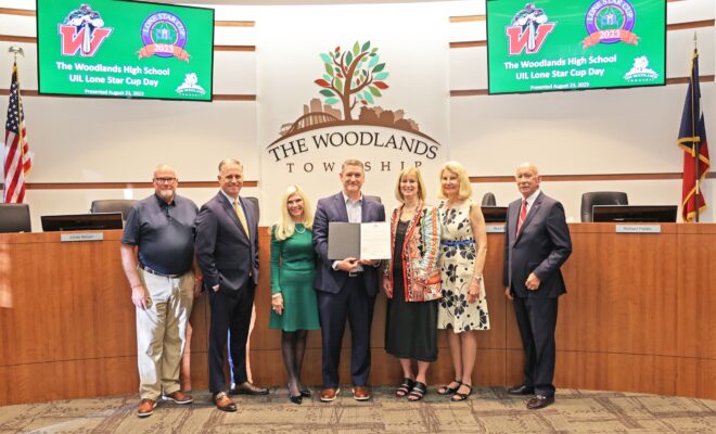 The Woodlands Township Board of Directors recognized The Woodlands High School for being awarded the UIL Lone Star Cup. Pictured, left to right, Director Bob Milner, Director Brad Bailey, Chairman Dr. Ann K. Snyder, The Woodlands High School Principal, Dr. Ted Landry, and The Woodlands High School Teacher of Journalism, Laura Landsbaum, Director Dr. Shelley Sekula-Gibbs and Treasurer Richard Franks.