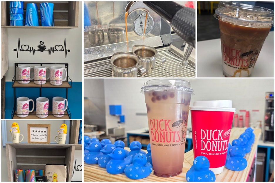 Coffee mugs and merch/shots of espresso / cold brew coffee/strawberry lemonade w blueberry popping bubbles & cup of coffee. Photos by Nick Rama.