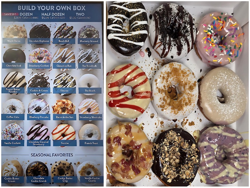 Donut menu board/variety of popular flavors of freshly topped donuts. Photos by Nick Rama.