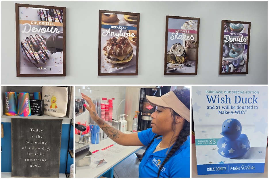 Dining room posters/swag / Amanda making coffee / Make-A-Wish Duck charity. Photos by Nick Rama.