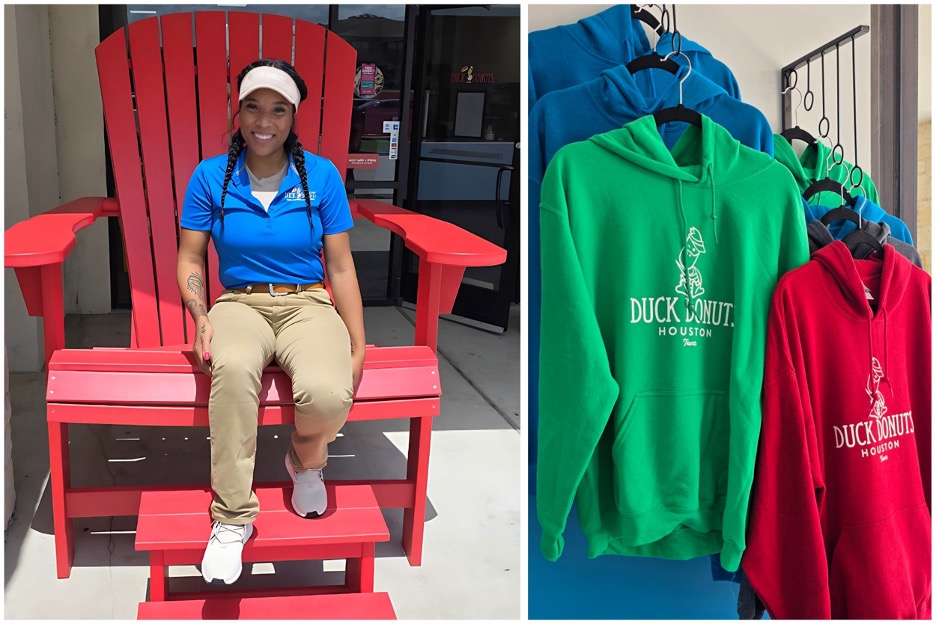 Owner Amanda Perkins on a giant chair at the storefront / Duck Donuts hoodies. Photos by Nick Rama.
