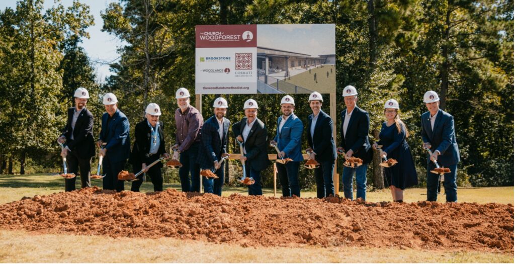 (Participants in The Church at Woodforest Groundbreaking. Left to Right: State Rep. Will Metcalf, Chris Ellis, Gary Boyd, Ryan Paul, Rev. Brent Parker - Pastor of The Church at Woodforest, Rev. Mark Sorensen - Senior Pastor, Rev. Drew Essen - Executive Pastor, Rev. Dr. Jeff Olive - Pastor of Church Multiplication, Mark Hanley, Suzanne Bird representing Cosmati Architects, Jeremy Stovall representing Brookstone Construction.)