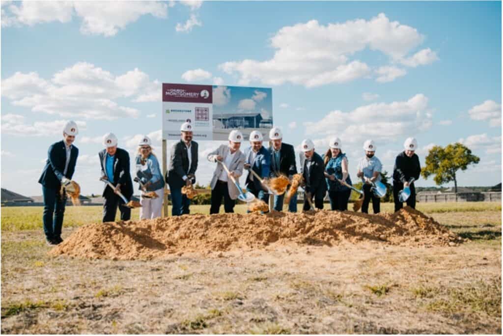 (Participants in The Church at Montgomery Groundbreaking. Left to Right: Rev. Dr. Jeff Olive - Pastor of Church Multiplication, Leonard Bench, Sara Countryman - Mayor of Montgomery, TX., Rev. Aaron Laird - Pastor of The Church at Montgomery, Rev. Mark Sorensen - Senior Pastor, Rev. Drew Essen - Executive Pastor, Mark Hanley, Jerry Smith, Suzanne Bird representing Cosmati Architects, Sebastian Garcia representing Brookstone Construction, State Rep. Steve Toth.)