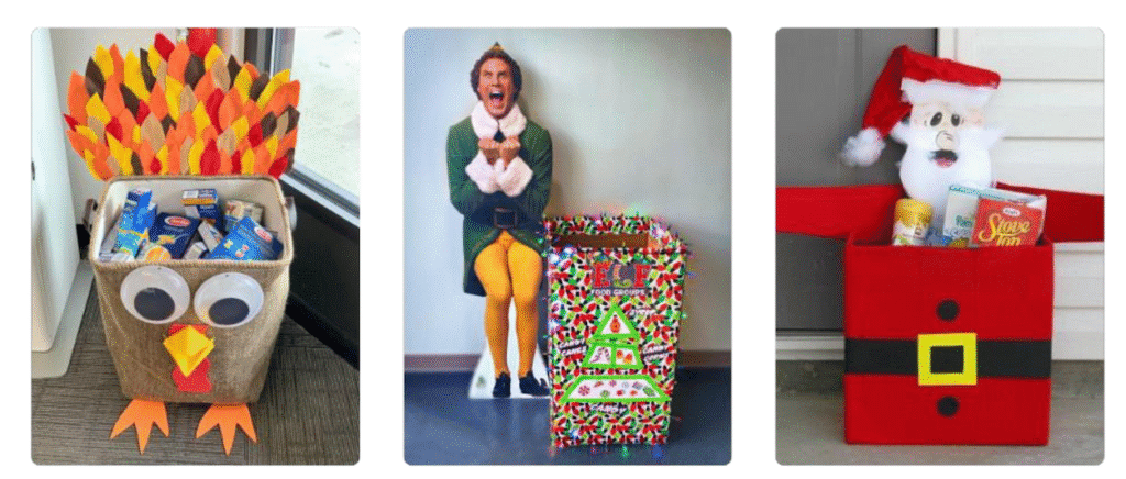 Examples of holiday-themed food collection boxes for Holiday Helpings. Montgomery County Food Bank served an average of 85,000 neighbors every month in 2024.