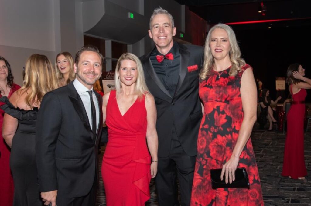 Dr. Stephen Popp, Head of School at The John Cooper School and Vice Chair of the Montgomery County Food Bank Board of Directors (far left), and his wife Amy enjoy the gala alongside Jim Carman, President of the Houston Region for Howard Hughes and Chairman of the Montgomery County Food Bank Board of Directors (second from right), and his wife Leigh Ann.