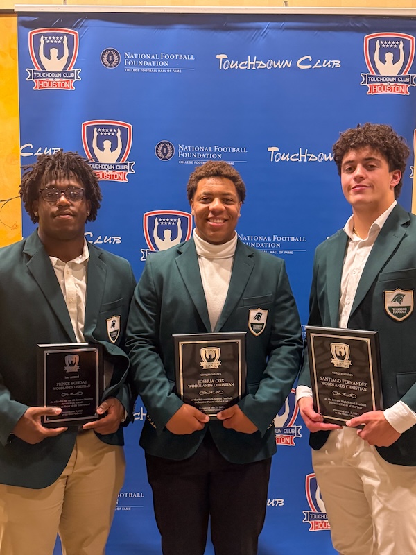 Three The Woodlands Christian Academy players and one coach received recognition at the Houston Touchdown Club awards dinner; Photo Credit: TWCA
