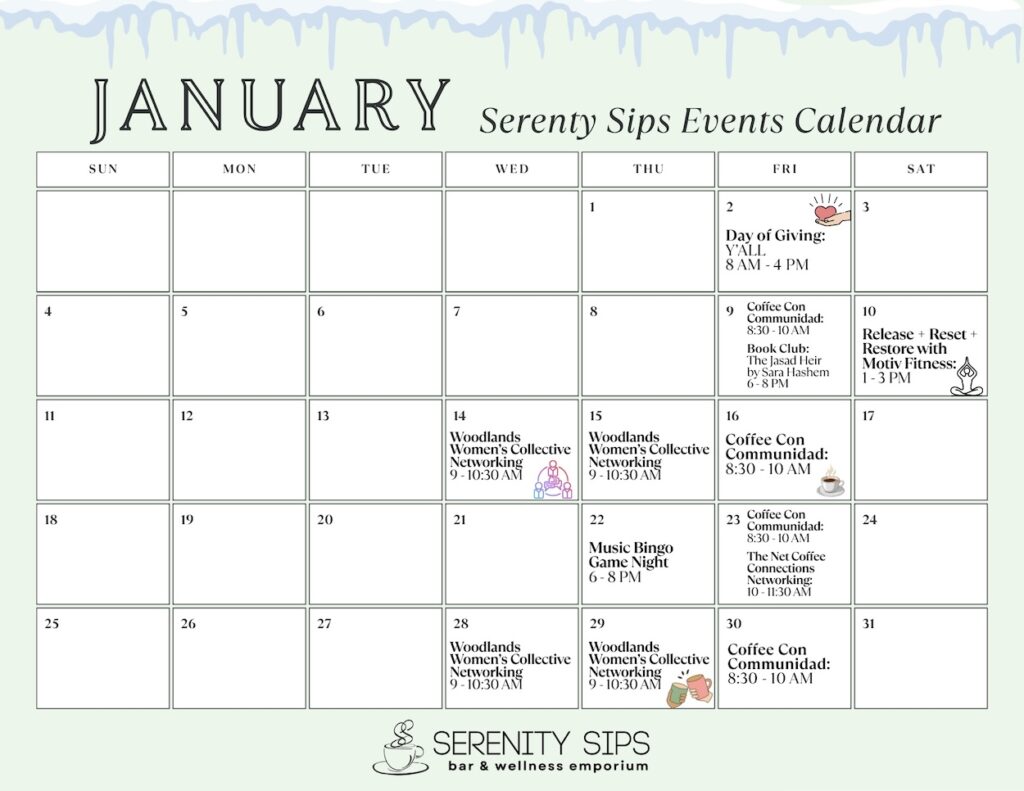 Serenity Sips January Events Calendar