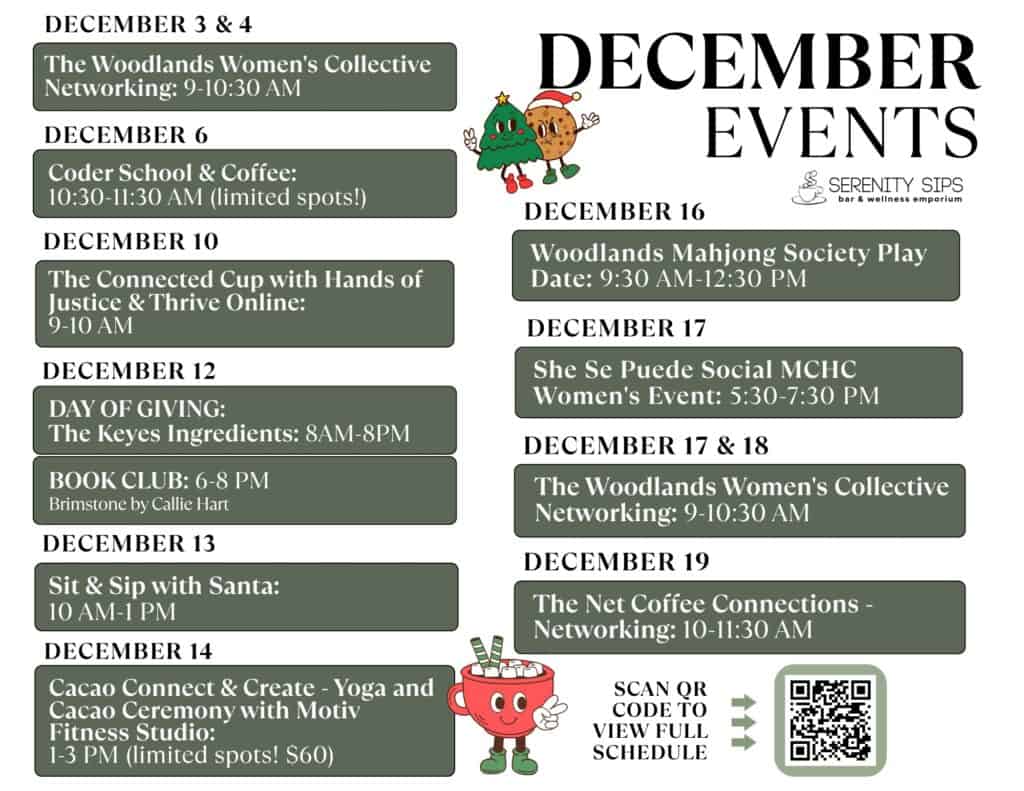 Serenity Sips December Events Flyer