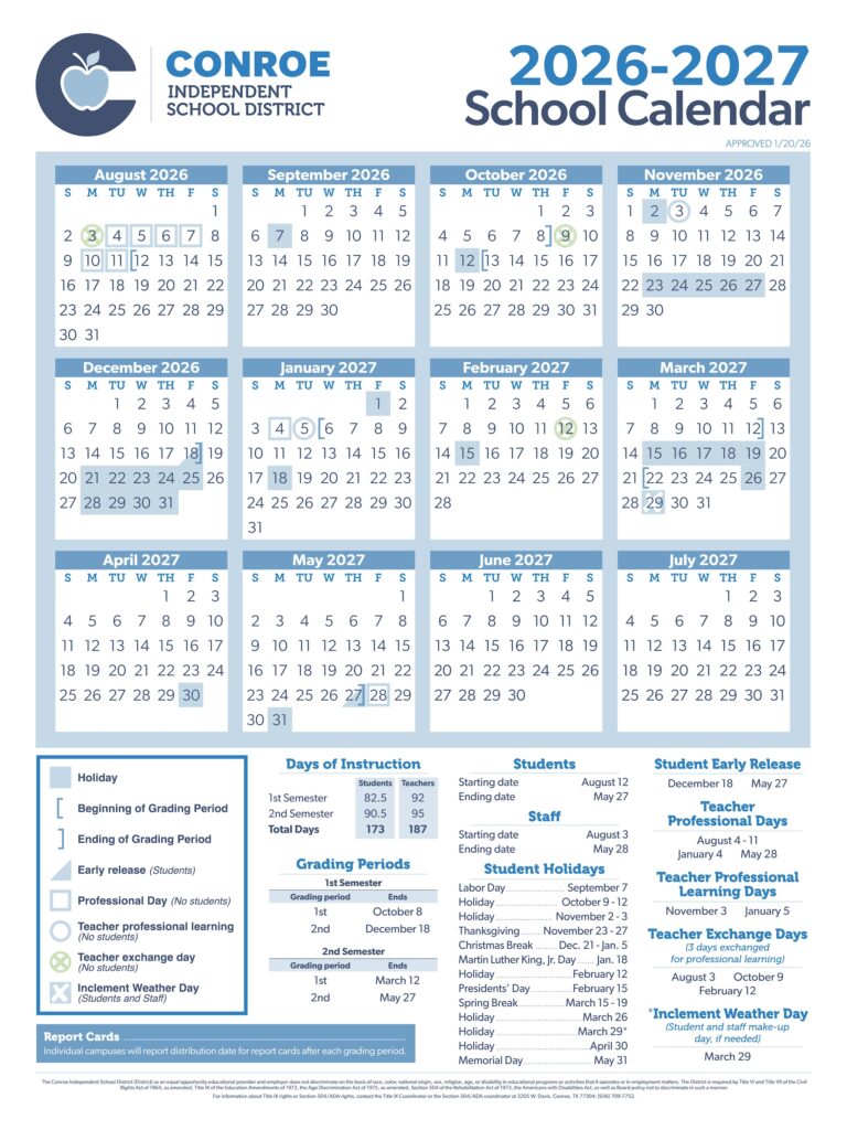 2026-2027 Conroe ISD Calendar