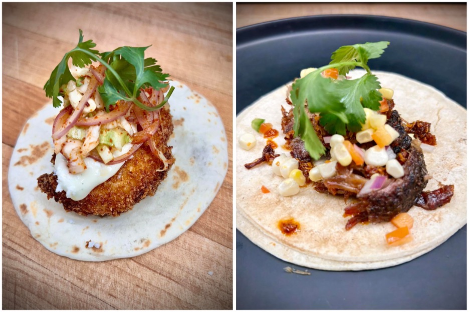 Cholula Fried Chicken Taco - jalapeno-lime aioli, queso fresco, Tajin onions & cabbage : Pork Carnitas Taco - pumpkin seed salsa macha, pickled sweet corn. Photos by Jay Stone
