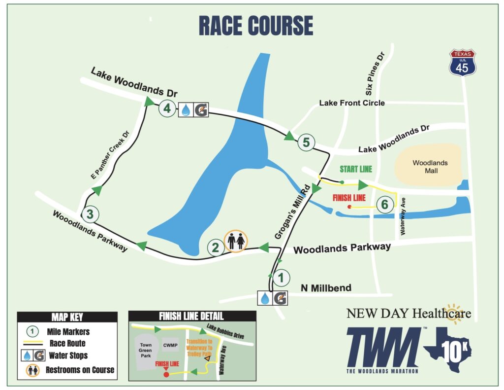 The Woodlands Marathon Course 2026 for Saturday, February 28; Photo Credit: The Woodlands Marathon