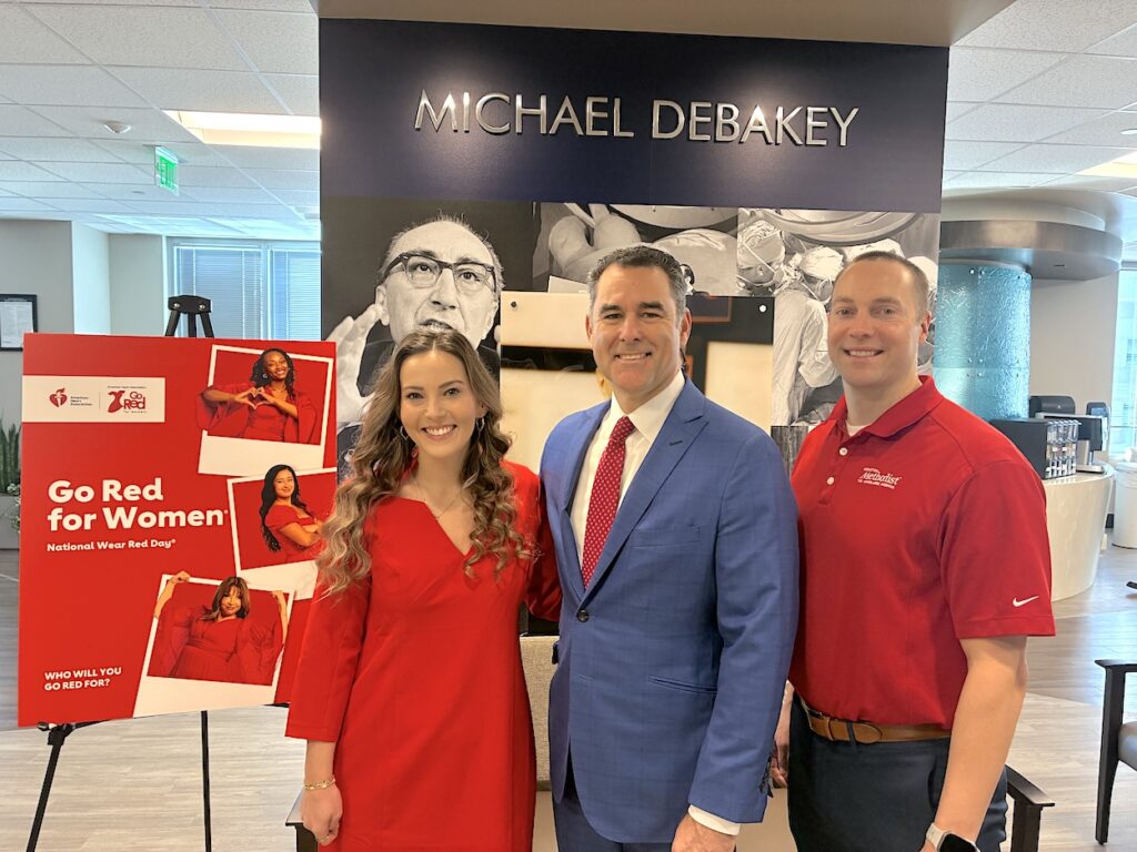 Image 1 includes Houston Methodist The Woodlands Hospital Business Development Director Adara McKeever, CEO David Bernard, and Human Resources Director Kevin Gregory. Image 2 includes staff.