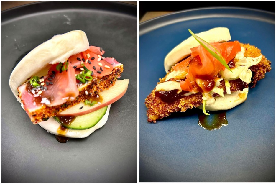 Togarashi Tuna Bao - seasonal fruit, cucumber, cherry blossom shoyu, pickled ginger : Chicken Katsu Bao - kewpie, marinated cabbage, pickled ginger, katsu sauce. Photos by Jay Stone