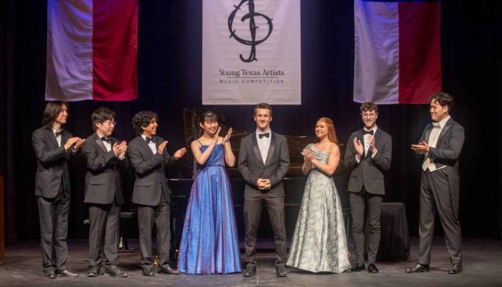 The medalists in the 2026 Young Texas Artists Music Competition are, from left, Huiqun Wu, silver medal, piano division; Sean Yang, gold medal, Piano division; tuba player Diego Jaquez, silver medal, Winds, Brass, Percussion, Harp & Guitar division; violinist Mona Endo, silver medal, Strings division; cellist Cirdan Vonnahme, Grand Prize and gold medal, Strings division; soprano Elizabeth Marlow, silver medal, Voice division; flutist Hunter O’Brien, gold medal, Winds, Brass, Percussion, Harp & Guitar division; and baritone Heechang Byun, gold medal, Voice division, and Audience Choice Award winner. Photo by Dave Clements.