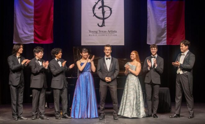 The medalists in the 2026 Young Texas Artists Music Competition are, from left, Huiqun Wu, silver medal, piano division; Sean Yang, gold medal, Piano division; tuba player Diego Jaquez, silver medal, Winds, Brass, Percussion, Harp & Guitar division; violinist Mona Endo, silver medal, Strings division; cellist Cirdan Vonnahme, Grand Prize and gold medal, Strings division; soprano Elizabeth Marlow, silver medal, Voice division; flutist Hunter O’Brien, gold medal, Winds, Brass, Percussion, Harp & Guitar division; and baritone Heechang Byun, gold medal, Voice division, and Audience Choice Award winner. Photo by Dave Clements.