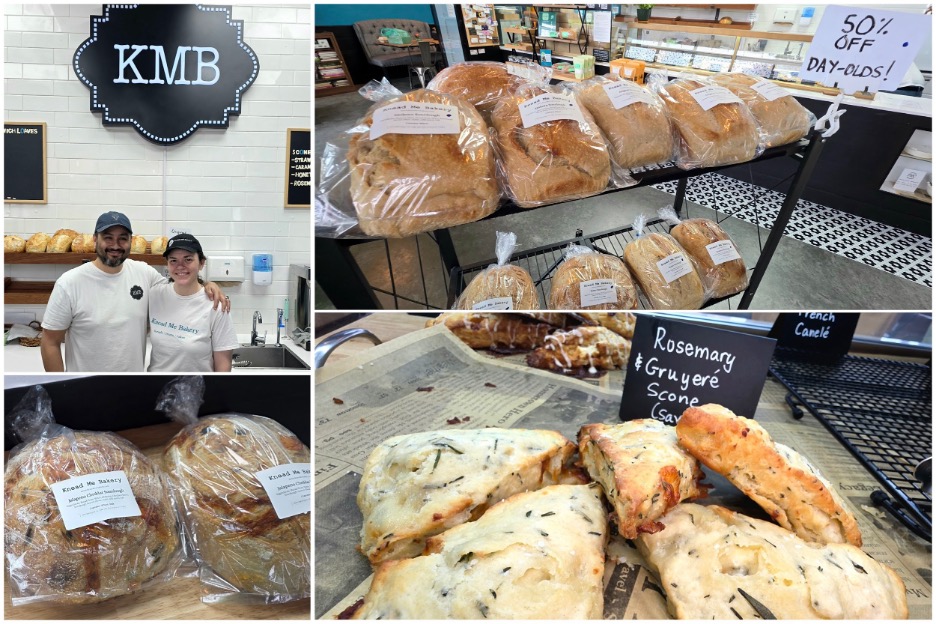 Owners Tony & Kristy in front of the Knead Me Bakery logo / Day old bread sale area / Jalapeño Cheddar Sourdough / Rosemary Gruyere Scones. Photos by Nick Rama.