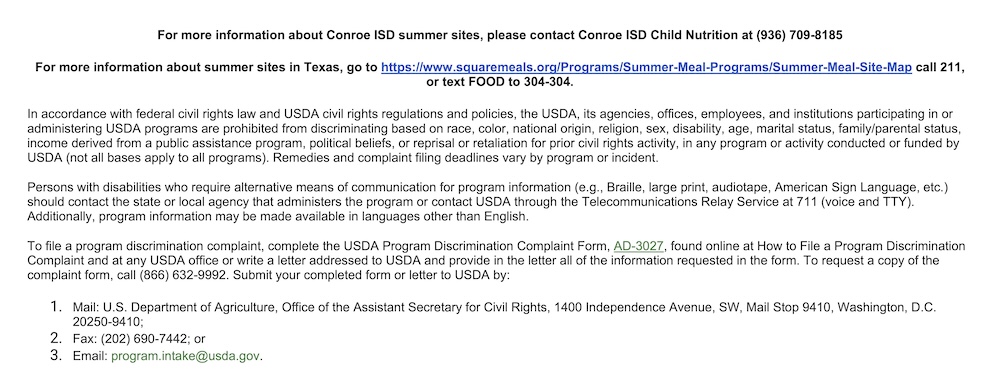 Conroe ISD Announces Free Summer Meals Program
